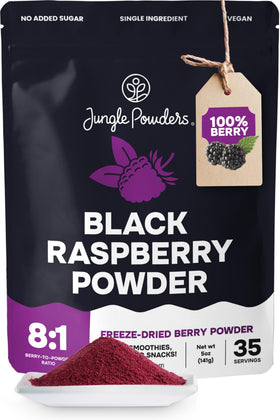 Jungle Powders black raspberry powder jar showing shelf-stable flavor booster.