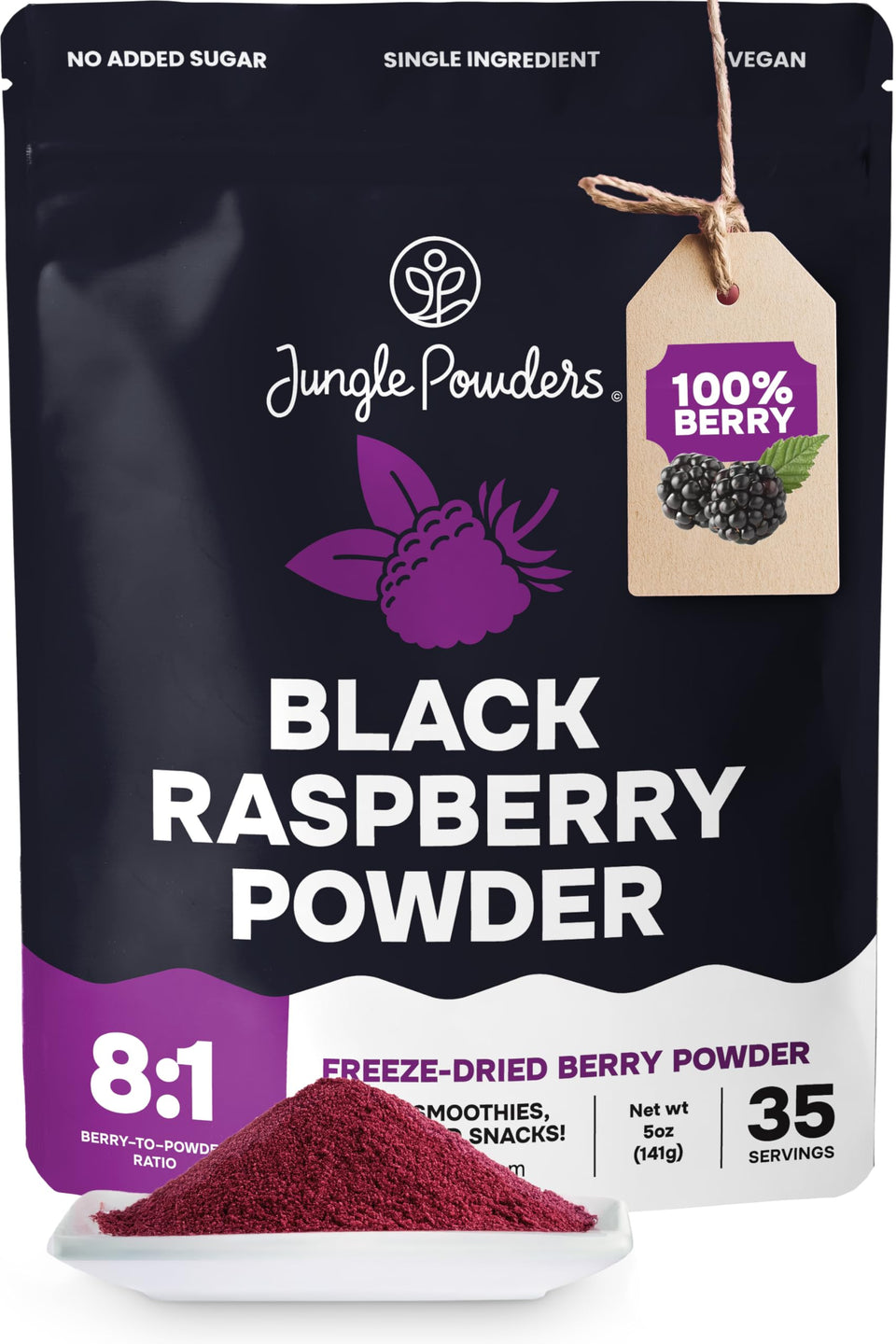 Jungle Powders black raspberry powder jar showing shelf-stable flavor booster.