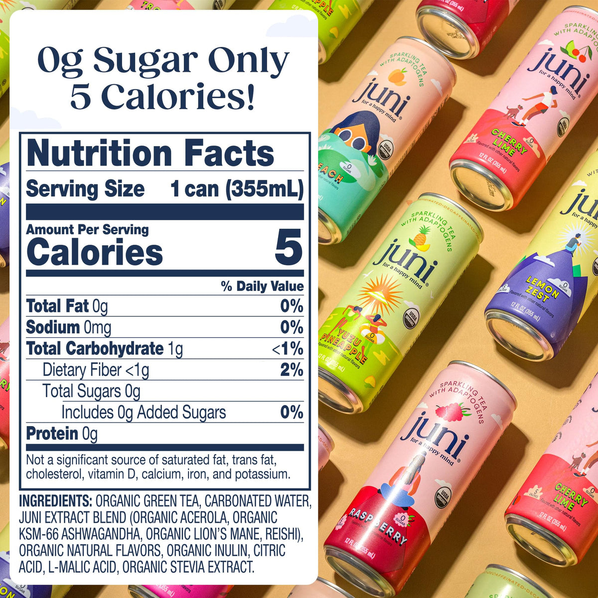 JUNI Lemon zest label packshot shows organic vegan and non GMO details