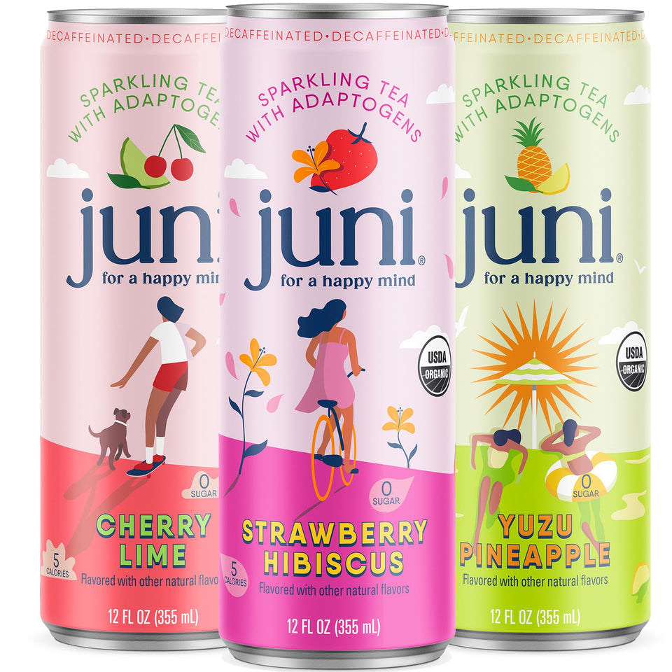 JUNI sparkling drink bottle with ashwagandha for calm focus.