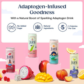 Close-up of JUNI Peach can showing zero sugar and light calories.