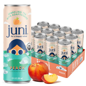 JUNI Sparkling Peach can; focus-friendly energy from adaptogens.