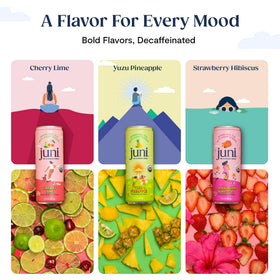 JUNI strawberry hibiscus can, sugar-free, refreshing pick-me-up.