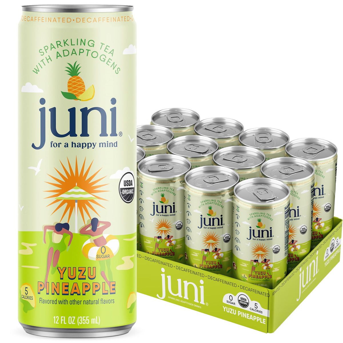 JUNI sparkling adaptogen drink can with yuzu pineapple for a refreshing, low-calorie pick-me-up.