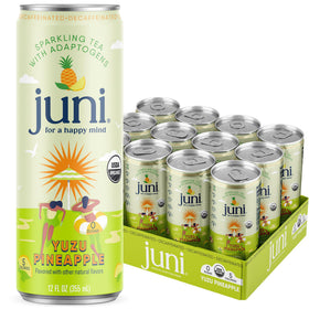 JUNI sparkling adaptogen drink can with yuzu pineapple for a refreshing, low-calorie pick-me-up.