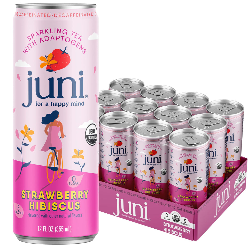 JUNI Sparkling adaptogen can close-up, showcasing Strawberry Hibiscus flavor and low calories.