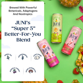 JUNI Sparkling decaffeinated fizz close-up promoting caffeine-free option for evenings.