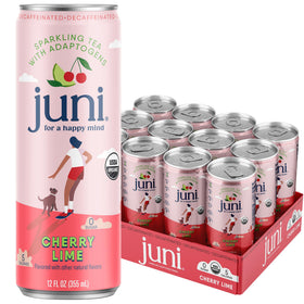 JUNI Sparkling Cherry Lime can showcasing a refreshing no-sugar drink.