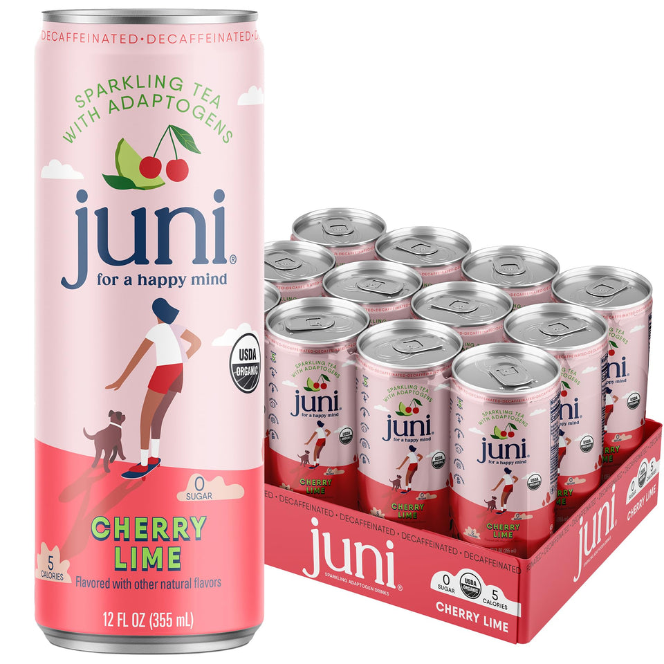 JUNI Sparkling Cherry Lime can showcasing a refreshing no-sugar drink.