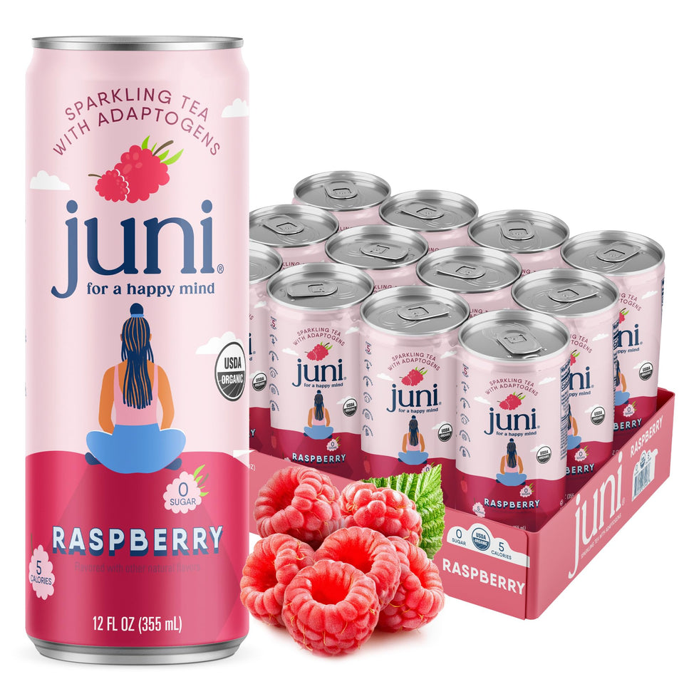 JUNI Raspberry Sparkling Can front view highlighting focus and energy