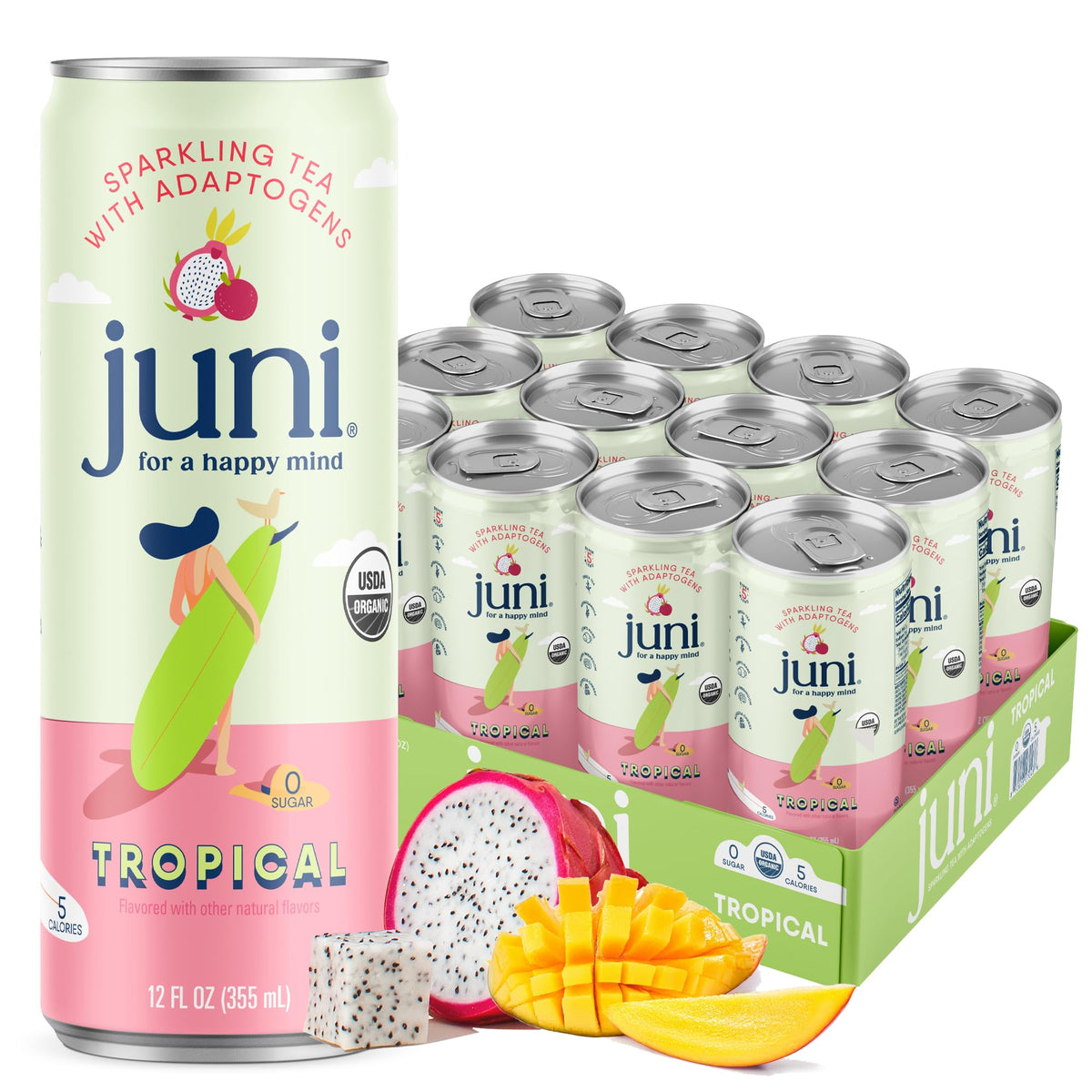 JUNI tropical sparkling can front view highlights tropical flavor and zero sugar—refreshing break.