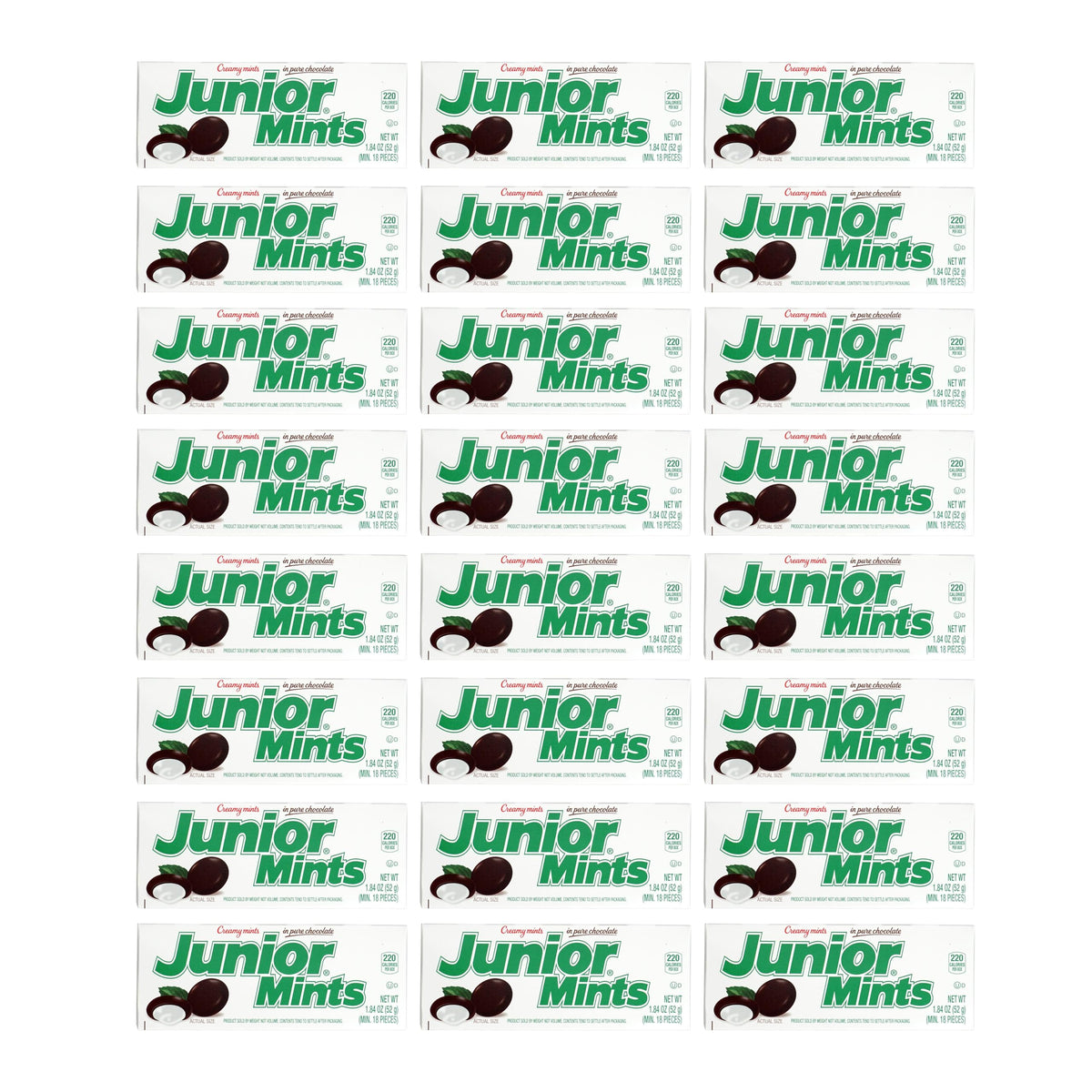 Junior Mints close-up mint centers coated in chocolate—great after-dinner treat
