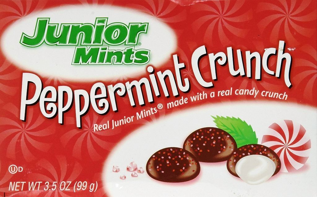 Junior Mints Peppermint Crunch box front shows festive packaging for gifts