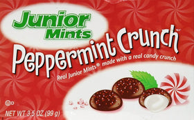 Junior Mints Peppermint Crunch box front shows festive packaging for gifts
