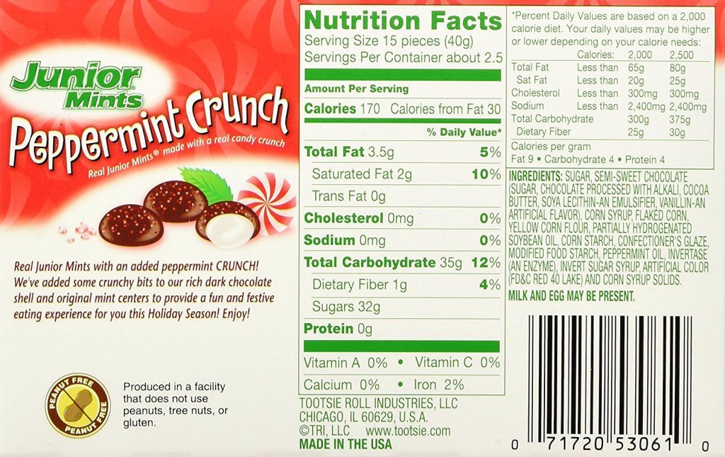 Junior Mints Peppermint Crunch packaging closeup highlights individually wrapped pastilles for freshness