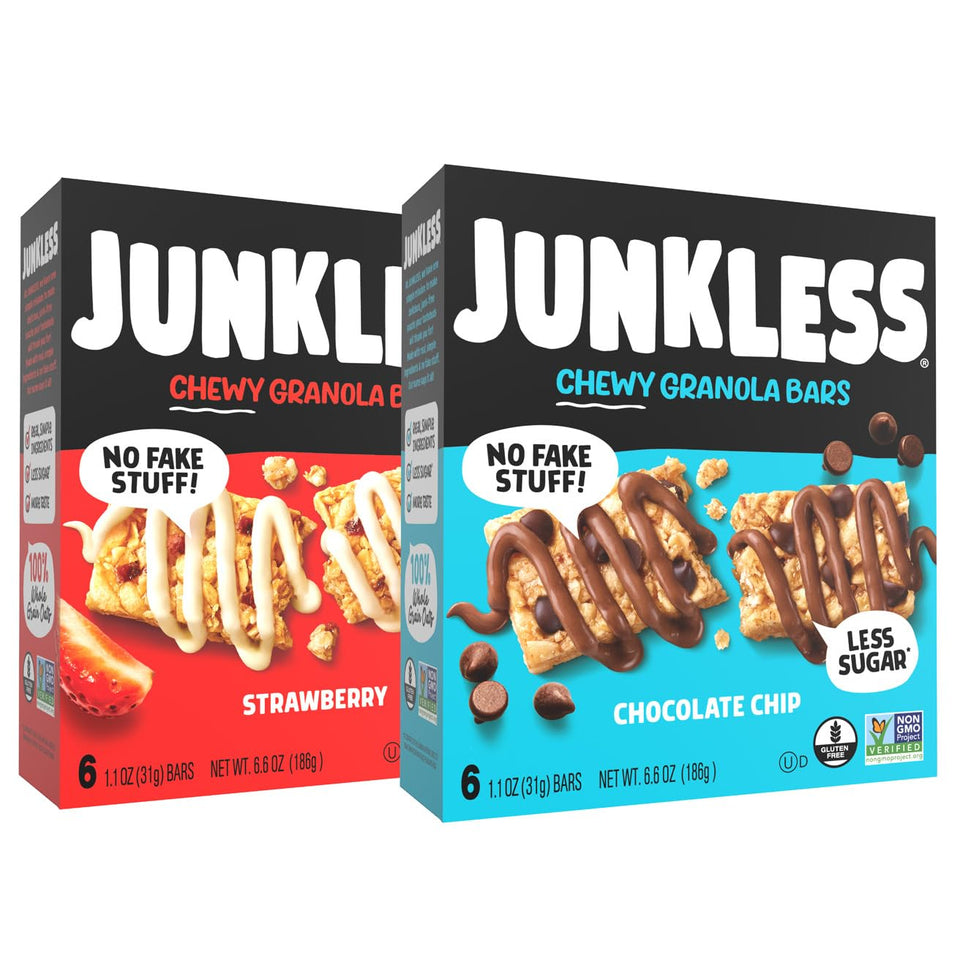 JUNKLESS chewy bars chocolate-chip - soft gluten-free snack for on-the-go lunches.