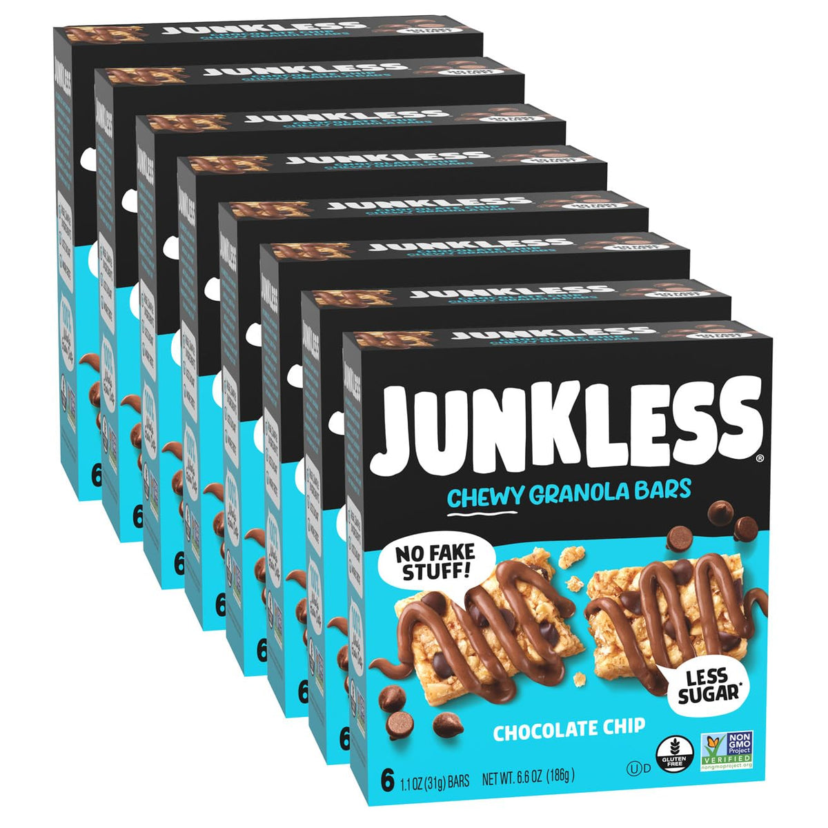 JUNKLESS chewy granola bar chocolate chip in package, gluten-free snack for the family.