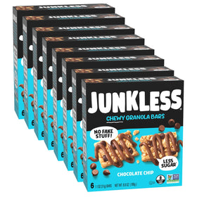 JUNKLESS chewy granola bar chocolate chip in package, gluten-free snack for the family.
