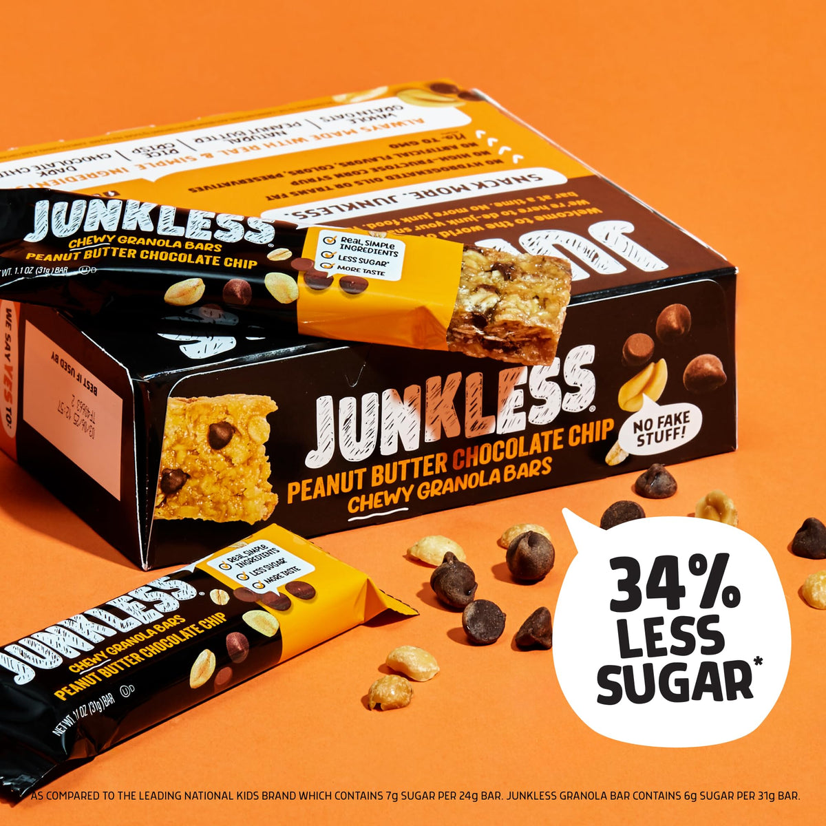 Close-up of JUNKLESS bars with peanut butter and chocolate chips