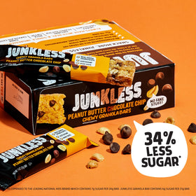 Close-up of JUNKLESS bars with peanut butter and chocolate chips