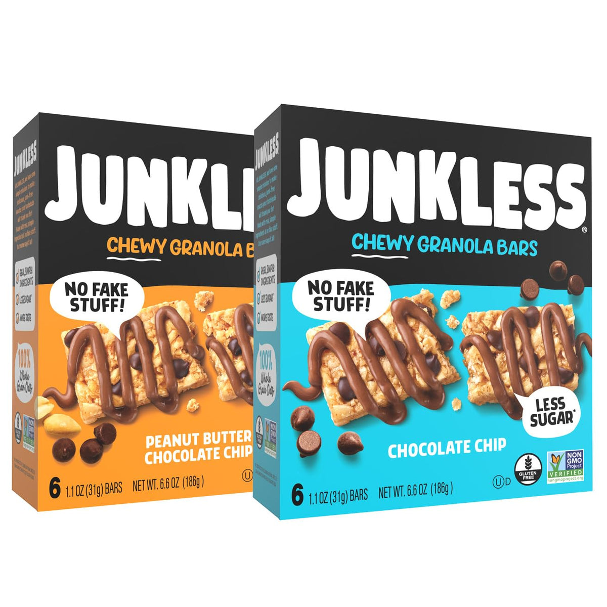 JUNKLESS Classic Chewy Granola Bars Chocolate Chip pack for grab-and-go snacking.