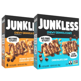 JUNKLESS Classic Chewy Granola Bars Chocolate Chip pack for grab-and-go snacking.