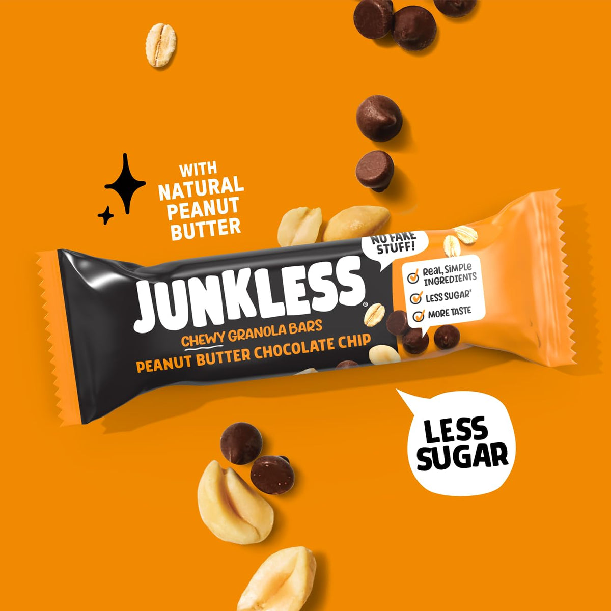JUNKLESS gluten-free non-GMO ingredient panel showcased for informed snacking.