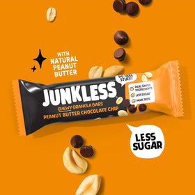 JUNKLESS gluten-free non-GMO ingredient panel showcased for informed snacking.