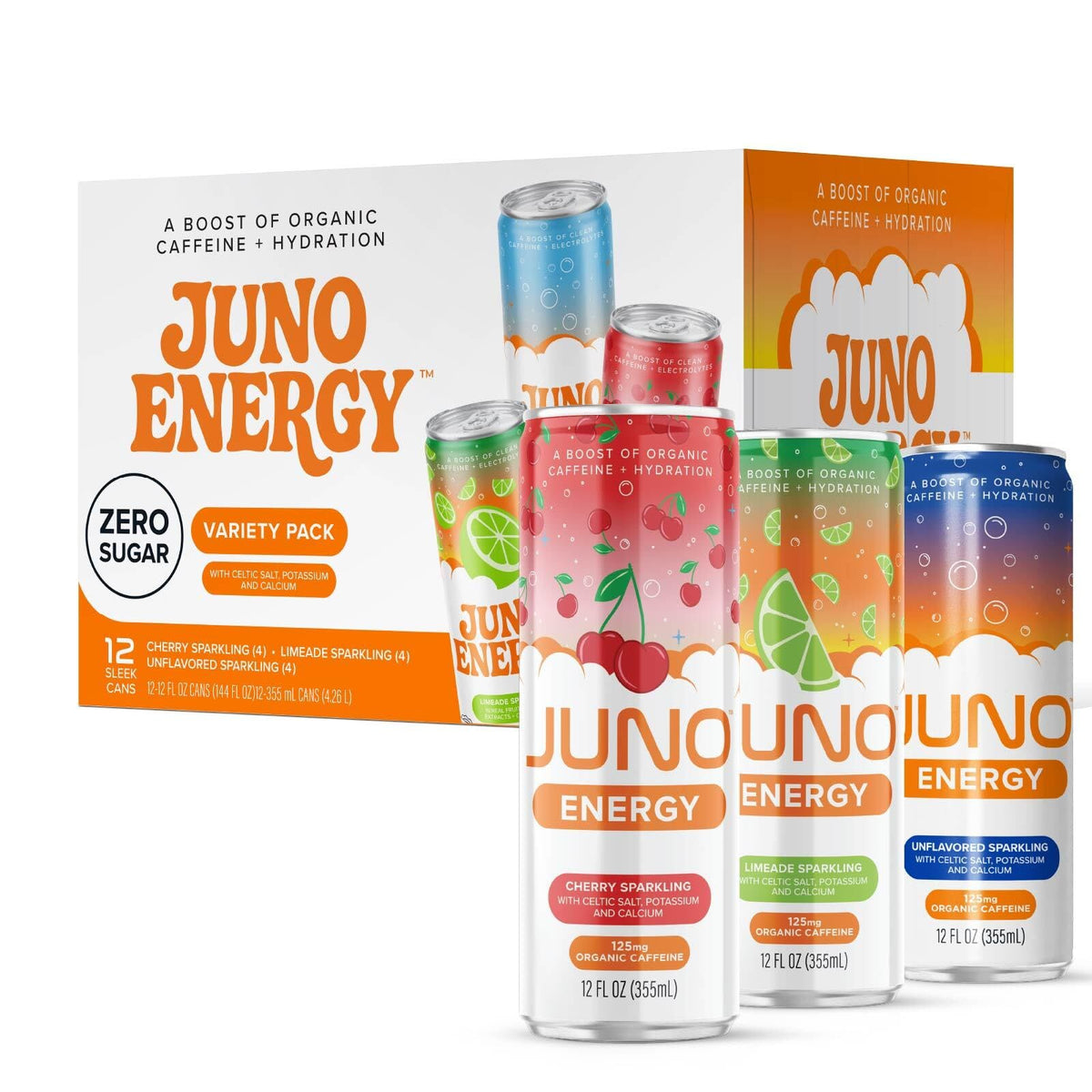JUNO ENERGY cherry-lime sparkling bottle highlights refreshing taste for workouts and daily boosts.
