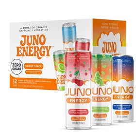 JUNO ENERGY cherry-lime sparkling bottle highlights refreshing taste for workouts and daily boosts.
