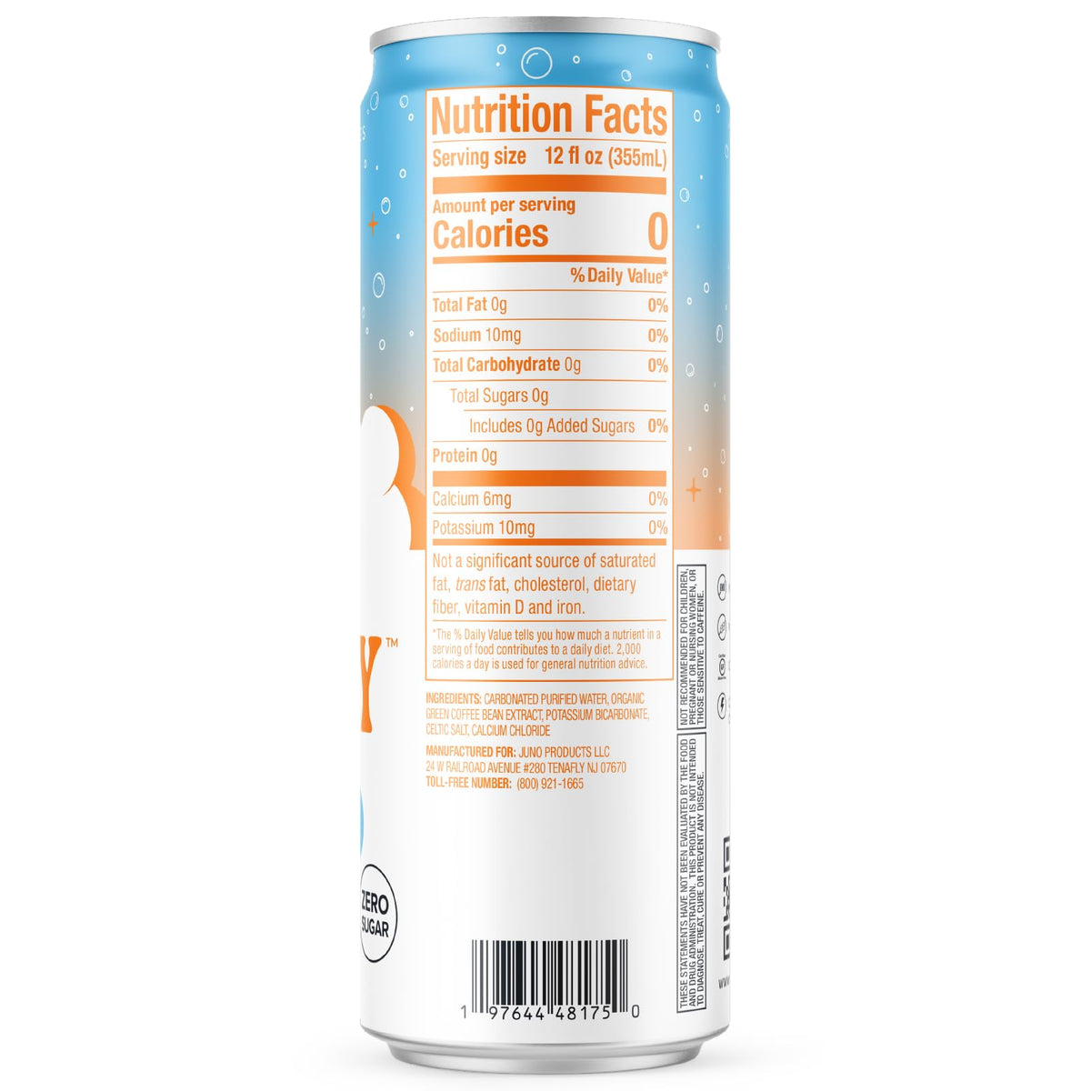 JUNO ENERGY crisp carbonation pours into a glass of refreshing unflavored water.