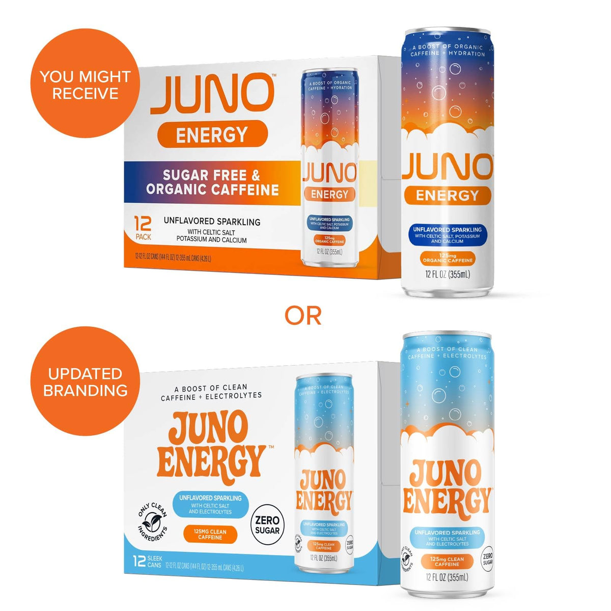JUNO ENERGY label highlights caffeine from green coffee beans for a natural energy uplift.