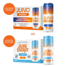 JUNO ENERGY label highlights caffeine from green coffee beans for a natural energy uplift.