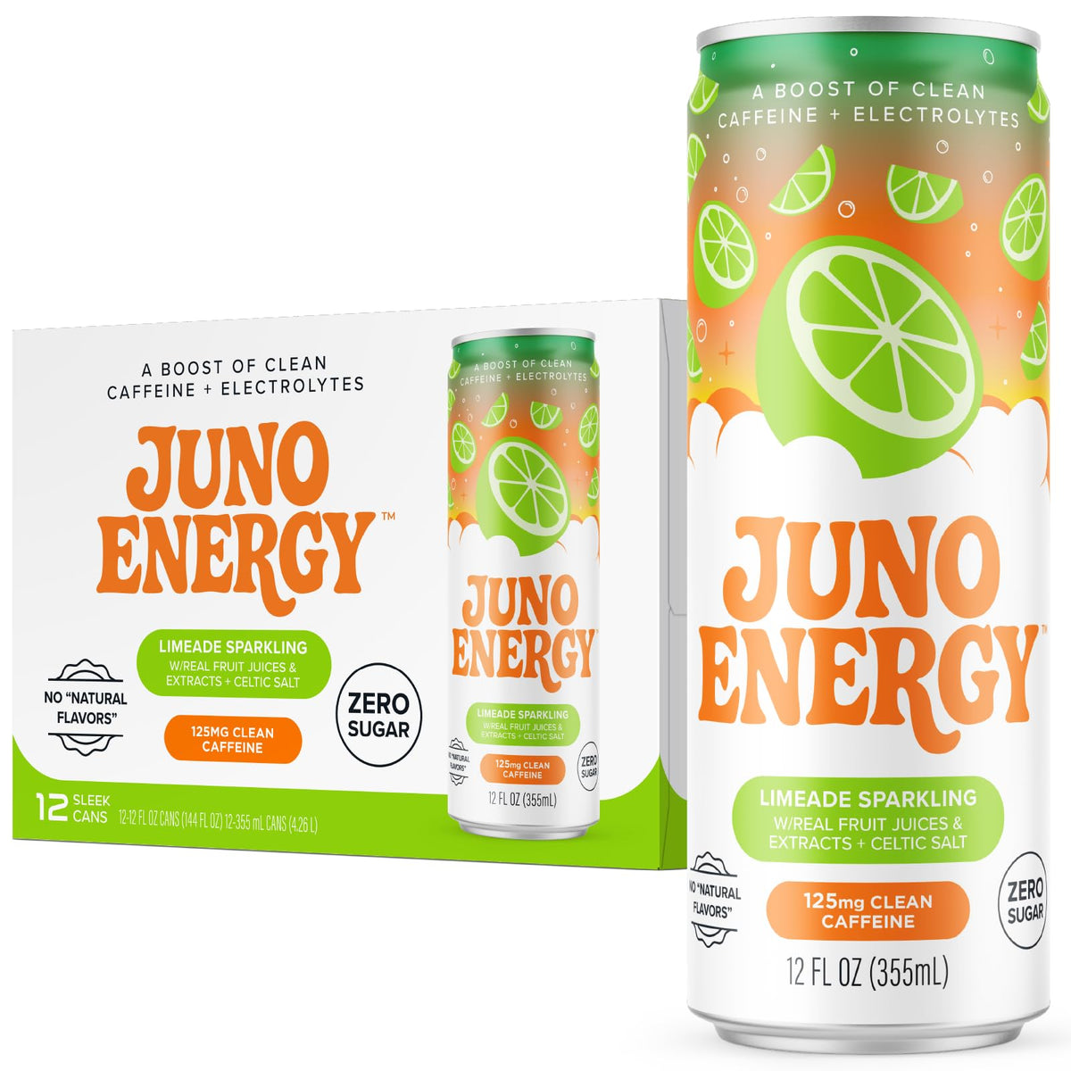 juno energy limeade sparkling bottle front shows refreshing hydration with clean energy