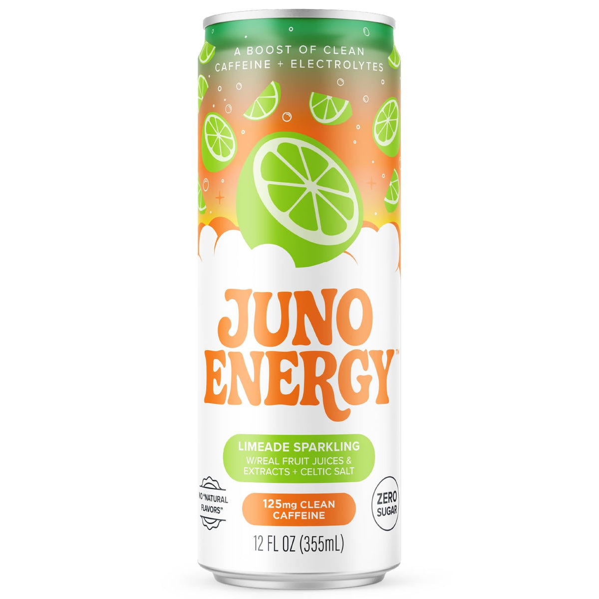 juno energy limeade sparkling can front emphasizes caffeine boost from green coffee beans