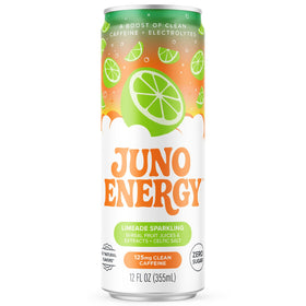 juno energy limeade sparkling can front emphasizes caffeine boost from green coffee beans