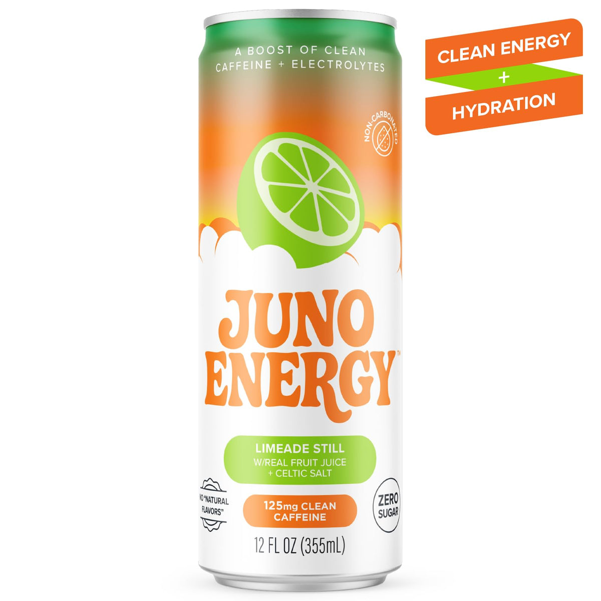 JUNO ENERGY Limeade bottle on table with lime wedge suggesting ready-to-drink refreshment.