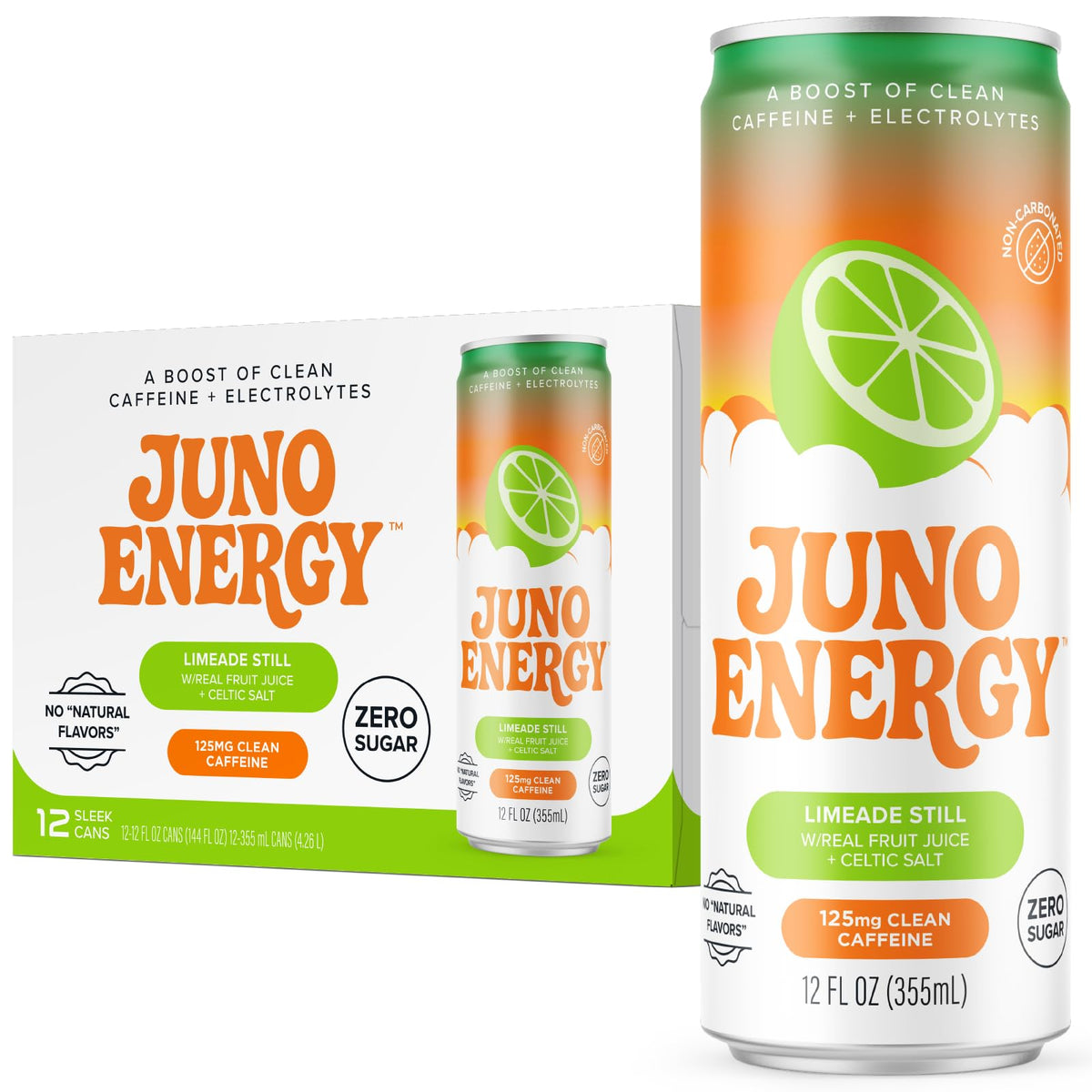 JUNO ENERGY Limeade bottle emphasizes sugar-free hydration with clean ingredients.