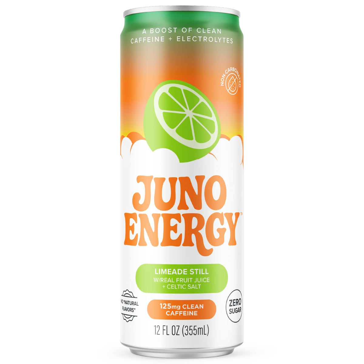JUNO ENERGY Limeade glass with lime slice for refreshing flavor and hydration.