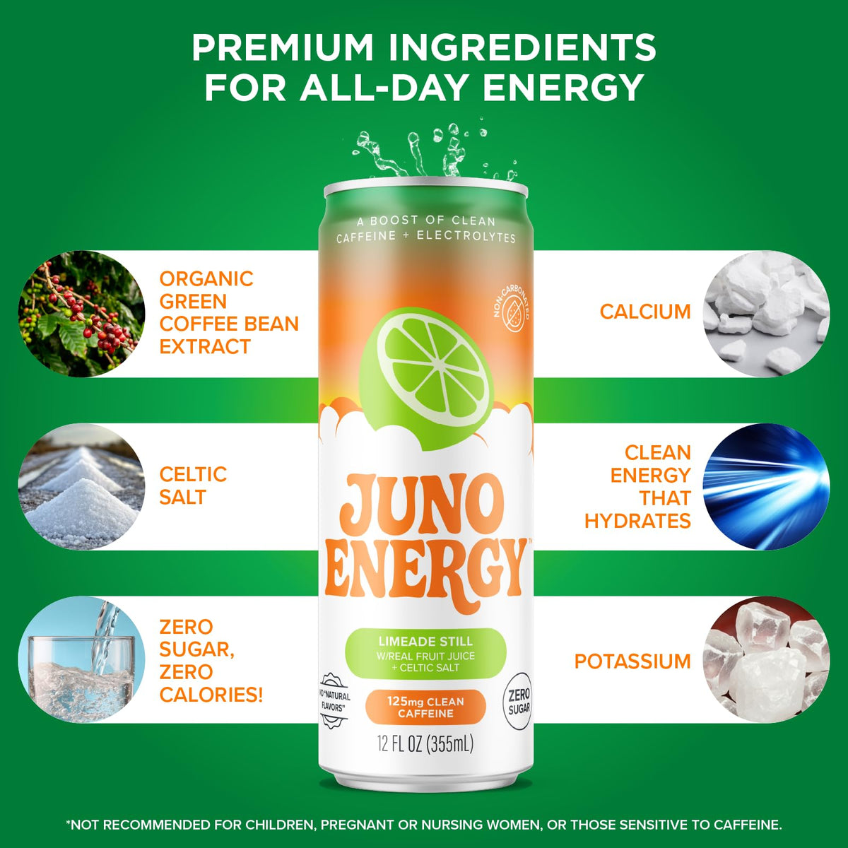 JUNO ENERGY Limeade ingredients list features Celtic Salt, calcium, and potassium.