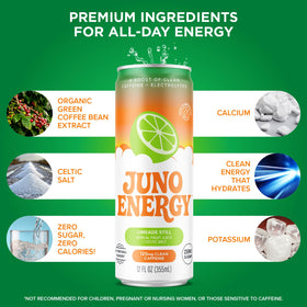 JUNO ENERGY Limeade ingredients list features Celtic Salt, calcium, and potassium.