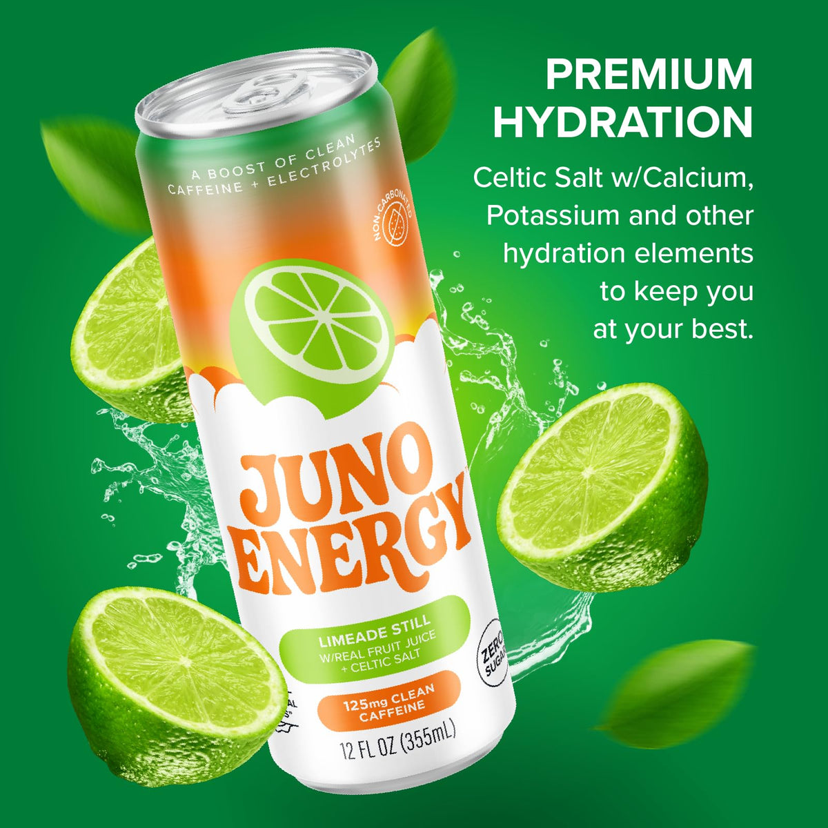 JUNO ENERGY Limeade vegan gluten-free badge on bottle label.