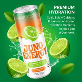 JUNO ENERGY Limeade vegan gluten-free badge on bottle label.