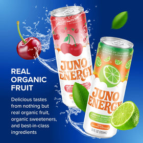 JUNO ENERGY cherry juice close-up shows natural fruit notes with clean, organic ingredients.