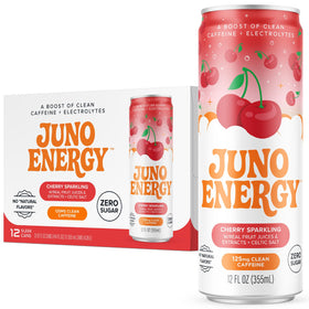 JUNO ENERGY organic cherry sparkling bottle showing vibrant flavor and clean energy
