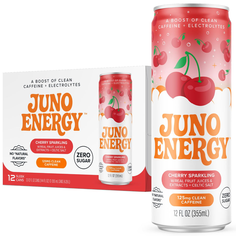 JUNO ENERGY organic cherry sparkling bottle showing vibrant flavor and clean energy