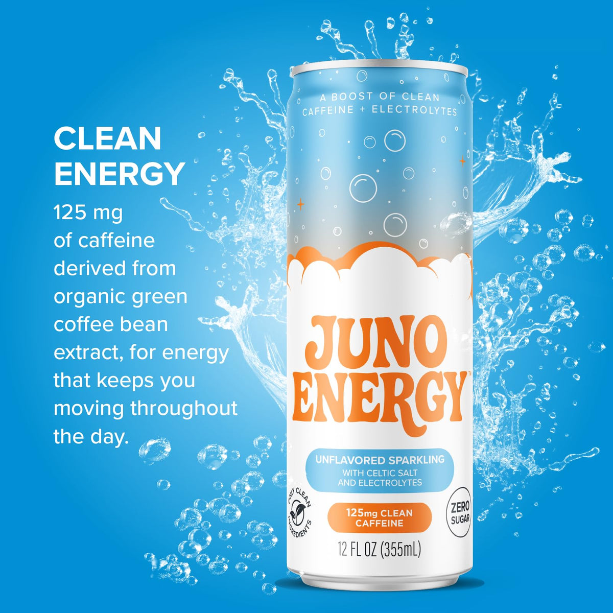 JUNO ENERGY unflavored bubbles close-up, highlighting clean taste and refreshing fizz.