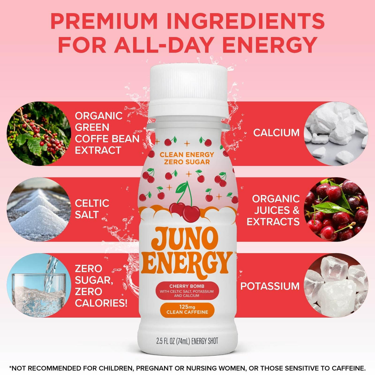 JUNO Energy Shot Cherry Bomb 12-pack display emphasizes convenience.
