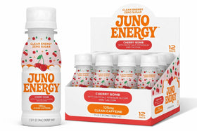 JUNO Energy Shot Cherry Bomb bottle front shows bold energy for on-the-go moments.