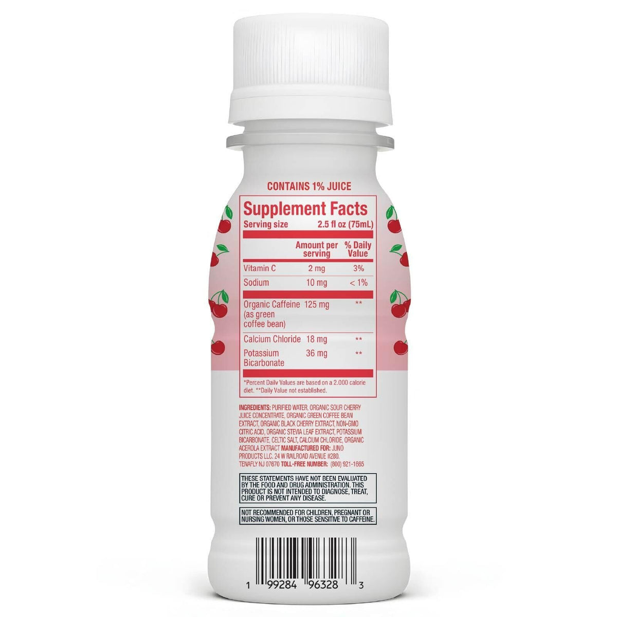 JUNO Energy Shot Cherry Bomb bottle label highlights organic ingredients for clean energy.
